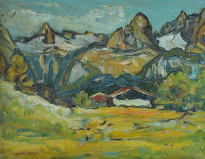 Werkverzeichnis Nr. 271, um 1966, Almhütte im Gebirge, Öl auf Karton, 37,9 x 48,6 cm
