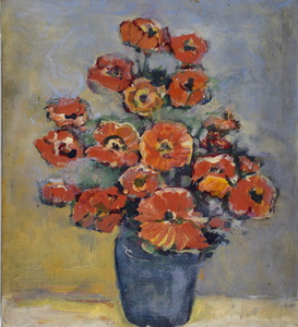 Werkverzeichnis Nr. 293, um 1966, Mohnblumen in blauer Vase, Öl auf Hartfaser, 57,0 x 51,3 cm