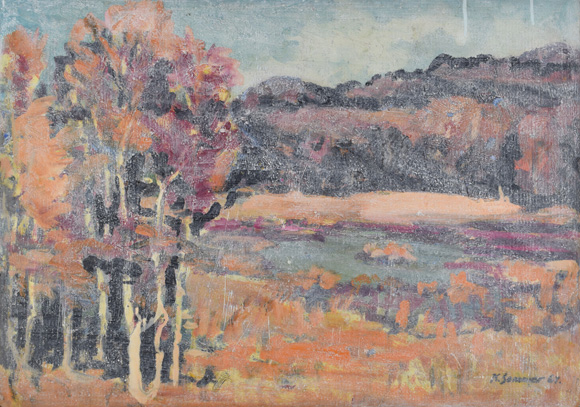 See mit bewaldetem Ufer, mit weißem Schleier übermalt, 1967-1990, Öl auf Karton, 57,5 x 80,4 cm