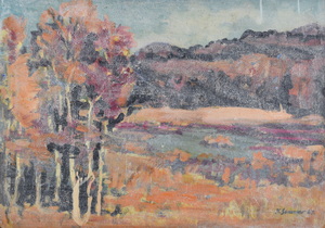 Werkverzeichnis Nr. 295, 1967-1990, See mit bewaldetem Ufer, mit weißem Schleier übermalt, Öl auf Karton, 57,5 x 80,4 cm
