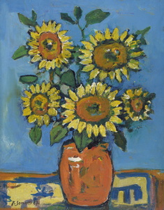 Werkverzeichnis Nr. 294, 1967, Sonnenblumen in brauner Vase, Öl auf Hartfaser, 71,0 x 56,5 cm