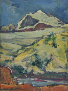 Werkverzeichnis Nr. 344, um 1967, Blick vom Fuß eines Berges zur Spitze, Öl auf Karton, 59,5 x 44,5 cm