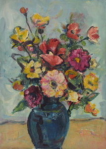 Werkverzeichnis Nr. 361, um 1967, Blumenstrauß in dunkelblauer Vase, Öl auf Hartfaser, 65,2 x 48,5 cm