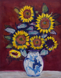 Werkverzeichnis Nr. 363, um 1967, Sonnenblumen in weißblauer Vase, Öl auf Hartfaser, 69,8 x 55,3 cm