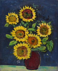 Werkverzeichnis Nr. 364, um 1967, Sonnenblumen in dunkelbrauner Vase, Öl auf Hartfaser, 71,0 x 57,0 cm