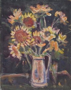 Werkverzeichnis Nr. 365, um 1967, Sonnenblumen vor dunkler Wand, Öl auf Hartfaser, 71,5 x 57,1 cm