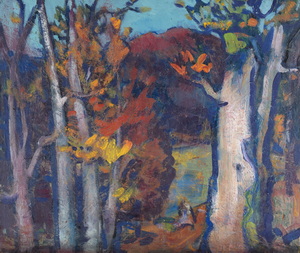 Werkverzeichnis Nr. 351, um 1967, Baumstämme, Öl auf Karton, 50,5 x 60,2 cm,
						Rückseite bemalt mit Werkverzeichnis Nr. , Stillleben mit Zitronen, und Weintrauben, um