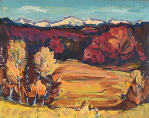Werkverzeichnis Nr. 296, um 1967, Voralpenlandschaft mit Hügeln, Öl auf Hartfaser, 56,4 x 70,8 cm, 
						bez. auf der Rückseite: Soiernspitz