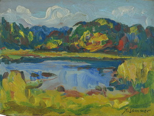 Werkverzeichnis Nr. 299, um 1967, Gewässer in den Voralpen, Öl auf Karton, 27,6 x 37,1 cm	
