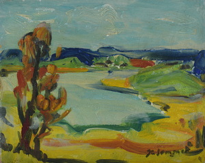 Werkverzeichnis Nr. 300, um 1967, Voralpensee mit zwei Bäumen, Öl auf Karton, 28,4 x 35,3 cm 
