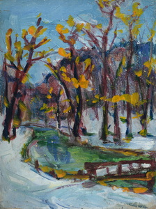 Werkverzeichnis Nr. 301, um 1967, Bach mit Brücke im Winter, Öl auf Karton, 30,4 x 22,6 cm