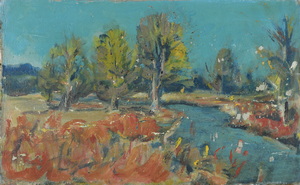 Werkverzeichnis Nr. 303, um 1967, Bach mit Bäumen, Öl auf Karton, 31,2 x 49,7 cm