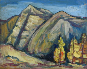 Werkverzeichnis Nr. 342, um 1967, Bergmassiv, Öl auf Karton, 37,9 x 48,4 cm