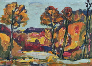 Werkverzeichnis Nr. 304, um 1967, Hügel mit Bäumen und Bach, Öl auf Karton, 38,0 x 53,3 cm