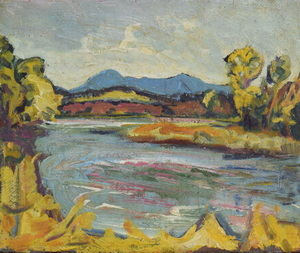 Werkverzeichnis Nr. 319, um 1967, Ostersee, Öl auf Karton, 39,5 x 46,9 cm