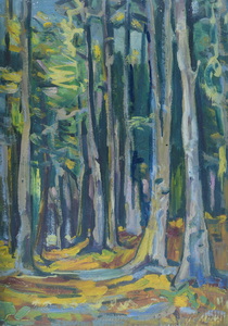 Werkverzeichnis Nr. 350, um 1967, Baumstämme im Wald, Öl auf Karton, 39,8 x 57,4 cm 