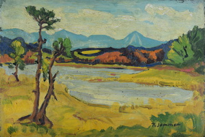 Werkverzeichnis Nr. 320, um 1967, Osterseen, Öl auf Hartfaser, 39,8 x 59,7 cm