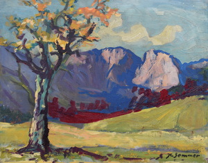 Werkverzeichnis Nr. 305, um 1967,  Baum im Gebirge, Öl auf Karton, 40,0 x 50,0 cm 