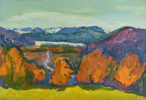 Werkverzeichnis Nr. 307, um 1967,  Voralpenlandschaft mit Bäumen, Öl auf Karton, 40,0 x 58,5 cm