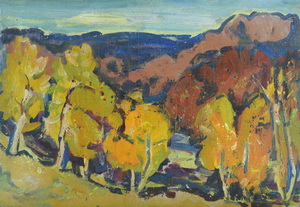 Werkverzeichnis Nr. 308, um 1967, Blick ins Mühltal bei Starnberg, Öl auf Karton, 40,2 x 58,7 cm,
						Rückseite von Werkverzeichnis Nr. 44, um 1949, See mit grauem Himmel