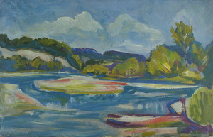 Werkverzeichnis Nr. 310, um 1967, Isar, Öl auf Karton, 40,7 x 63,2 cm cm