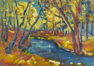 Werkverzeichnis Nr. 355, um 1967, Würm im Mühltal bei Starnberg, Öl auf Karton, 41,5 x 58,4 cm	