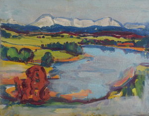 Werkverzeichnis Nr. 311, um 1967, See in Oberbayern, Öl auf Hartfaser, 46,7 x 59,2 cm