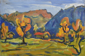 Werkverzeichnis Nr. 314, um 1967, Gebirgsalm mit Hütte, Öl auf Karton, 49,0 x 61,2 cm
