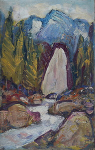 Werkverzeichnis Nr. 341, um 1967, Bach im Gebirge, Öl auf Karton, 49,2 x 31,0 cm