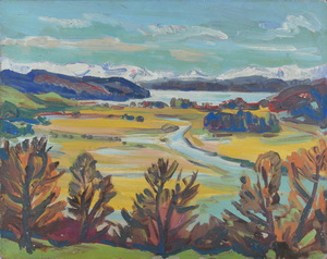 Werkverzeichnis Nr. 318, um 1967, Blick über das Leutstettener Moos auf den Starnberger See, Öl auf Hartfaser, 56,5 x 71,0 cm