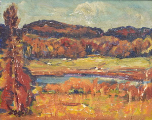 Werkverzeichnis Nr. 326, um 1967, Mooslandschaft vor Hügeln, Öl auf Hartfaser, 56,5 x 71,0 cm,
						Rückseite von Werkverzeichnis Nr. 325, um 1967, Ostersee, 
						Sammlung Marianne und Michael Gorkow, Berlin