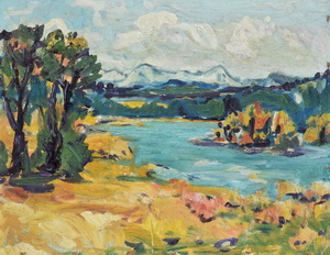 Werkverzeichnis Nr. 325, um 1967, Ostersee, Öl auf Hartfaser, 56,5 x 71,0 cm, 
						Rückseite bemalt mit Werkverzeichnis Nr. 326, Mooslandschaft vor Hügeln, um 1967, Sammlung Marianne und Michael Gorkow, Berlin