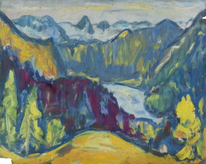Werkverzeichnis Nr. 346, um 1967, Blick auf den Königsee vom Brandkopf, Öl auf Hartfaser, 56,8 x 71,1 cm
