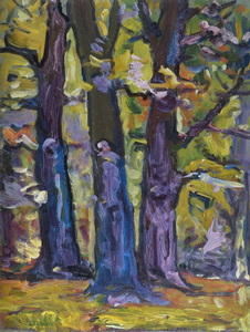 Werkverzeichnis Nr. 352, um 1967,  Baumstämme, Öl auf Karton, 59,2 x 44,6 cm