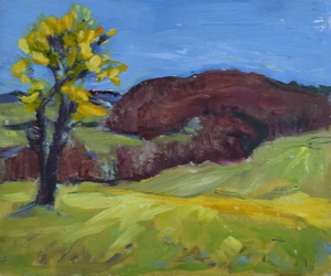 Werkverzeichnis Nr. 298, um 1967, Baum in einer hügeligen Landscahft, Öl auf Karton, 24,8 x 29,7 cm	