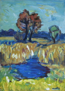 Werkverzeichnis Nr. 297, um 1967, Teich mit Schilf und Bäumen, Öl auf Karton, 36,3 x 26,3 cm	