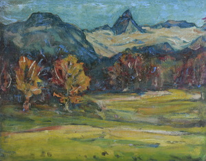 Werkverzeichnis Nr. 302, um 1967, Alpenlandschaft, Öl auf Karton, 37,6 x 48,4 cm