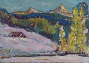Werkverzeichnis Nr. 327, um 1967, Eingeschneite Alpenhütte, Öl auf Karton, 38,2 x 53,0 cm	
