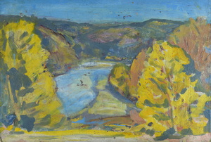 Werkverzeichnis Nr. 313, um 1967, Isar zwischen Berghängen, Öl auf Karton, 39,7 x 59,2 cm 