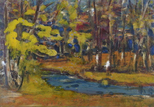 Werkverzeichnis Nr. 356, um 1967,  Bach in einem Wald, Öl auf Karton, 40,2 x 56,9 cm