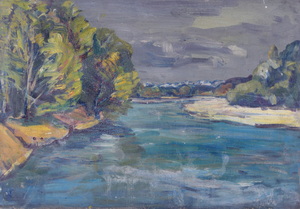 Werkverzeichnis Nr. 317, um 1967, Isar, Öl auf Karton, 40,5 x 57,0 cm