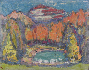 Werkverzeichnis Nr. 347, um 1967, Bergsee, Öl auf Hartfaser, 56,5 x 71,1 cm