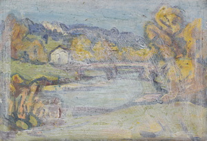 Werkverzeichnis Nr. 374, um 1968-1990, Haus an einem See, Arcyl, Öl auf Karton, 40,0 x 58,3 cm
