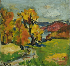Werkverzeichnis Nr. 366, 1968, Bäume vor einem See und den Alpen,  Öl auf Karton, 25,4 x 26,8 cm, bez, u.l.: CRYL 68	 