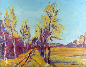 Werkverzeichnis Nr. 369,um 1968, Baumallee mit Feld, Öl auf Hartfaser, 56,7 x 71,0 cm,
						Ausstellung: Deutsche Wohnen SE, Berin 2021,
						Publikation: Martin von Ostrowski: Konrad Sommer, Natur und Abstraktion, Berlin 2019, Abb.56, S. 55