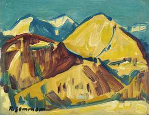 Werkverzeichnis Nr. 385<br> um 1968, Berge, Öl auf Karton, 24,8 x 32,5 cm