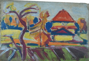 Werkverzeichnis Nr. 371, um 1968, Häuser und Gärten in Moosach, Öl auf Karton, 25,2 x 38,5 cm