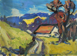Werkverzeichnis Nr. 372, um 1968, Haus in den Bergen, Öl auf Karton, 25,6 x 35,2 cm
