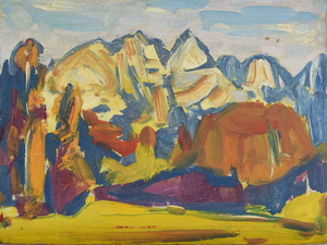 Werkverzeichnis Nr. 387, um 1968, Gebirgslandschaft, Öl auf Hartfaser, 29,0 x 39,1 cm