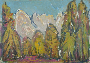 Werkverzeichnis Nr. 388, um 1968, Bergspitzen mit Bäumen, Öl auf Karton, 32,0 x 45,0 cm